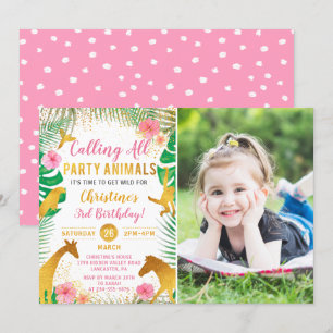 Rosa Jungle Animals Safari Girls Photo Birthday Inbjudningar
