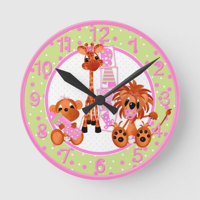 Rosa Jungle Baby Clock Rund Klocka (Framsida)