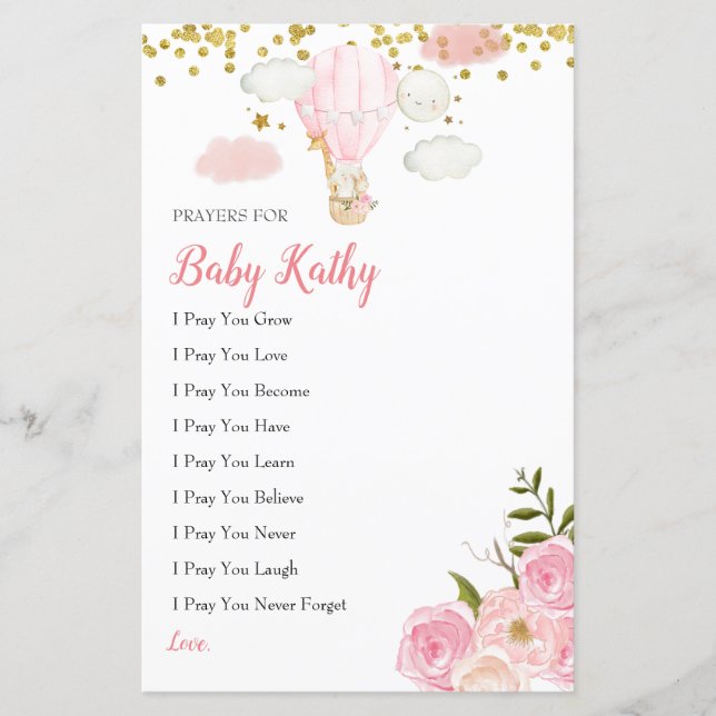 Rosa Jungle Luftballong Prayers for Baby Card (Framsida)