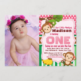 Rosa Jungle Monkey Safari Girl Birthday Photo Inbjudningar