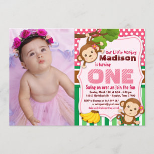 Rosa Jungle Monkey Safari Girl Birthday Photo Inbjudningar
