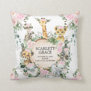 Rosa Jungle Safari Animal Birth Stats Girl Nursery Kudde