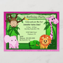 Rosa Jungle Theme Barns födelsedag Party Inbjudan