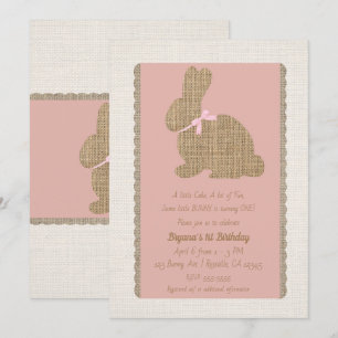 Rosa & jute rustic kanin påsk 1-års födelsedag inbjudningar