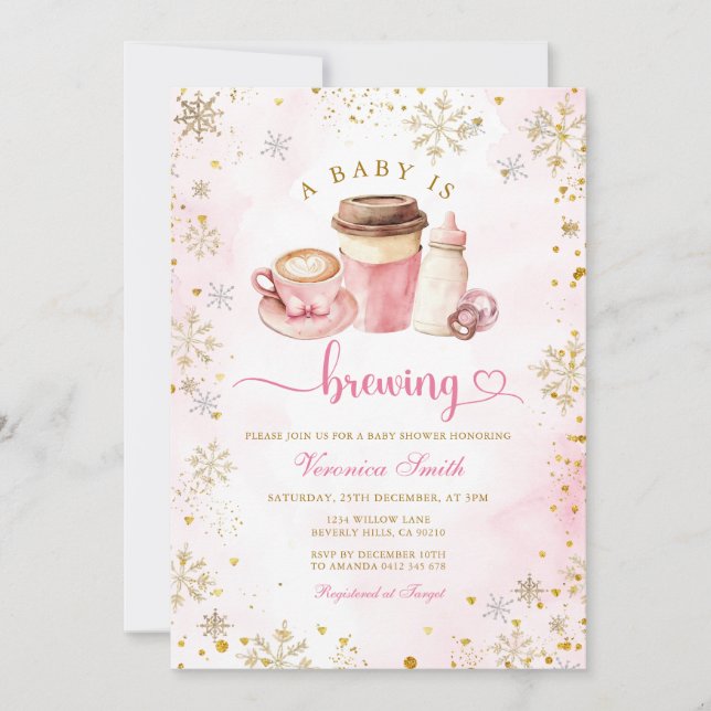 Rosa Kaffe Vintersnöflingor Latte Bebis Shower Inbjudningar (Framsida)