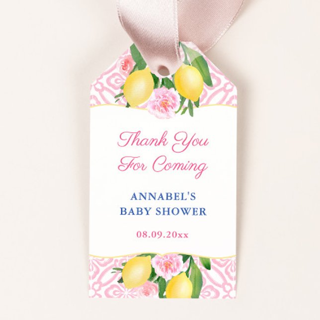 Rosa kakel flicka baby shower party present presentetikett (Girly pink and white capri lemons little girl baby shower favor tags)