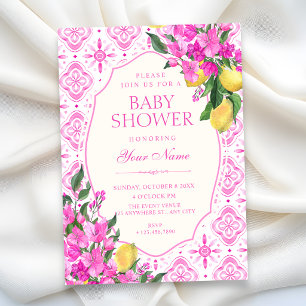 Rosa kakel mönster blomkonst baby shower inbjudningar