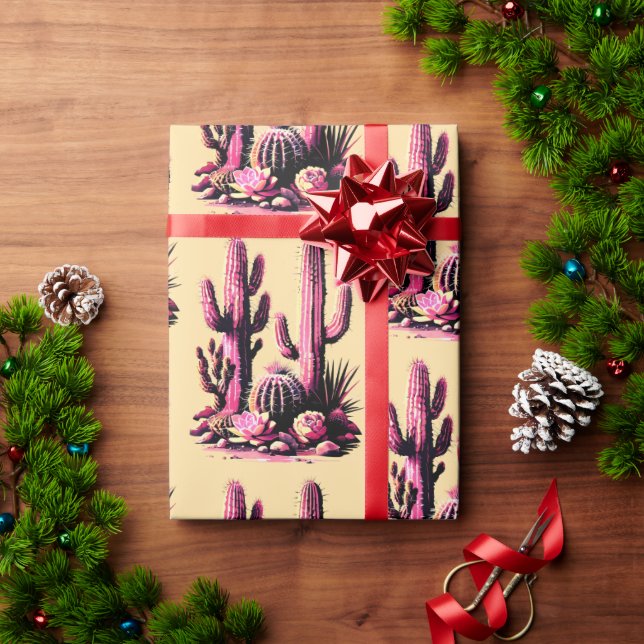 Rosa kaktusar Batch-Tan bakgrund Presentpapper (Julgåva)