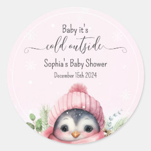 Rosa Kall utanför Penguin Winter Baby Shower Runt Klistermärke