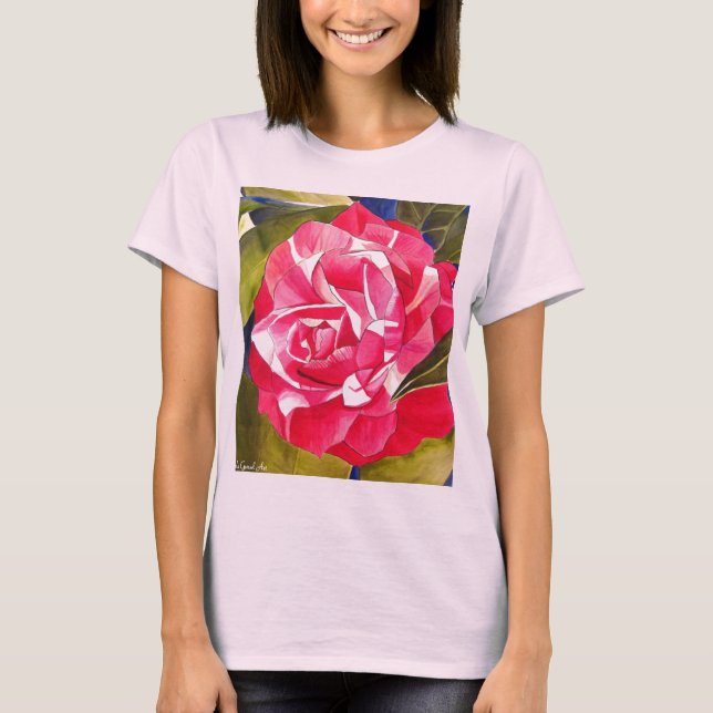 Rosa Kamellas vattenfärgsmålning av blommor T Shirt (Framsida)