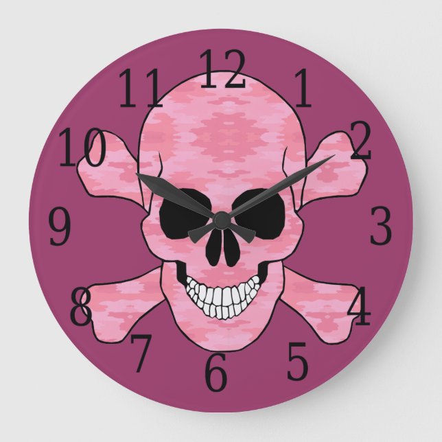Rosa kamouflage Skull och krosben Klock Stor Klocka (Framsida)