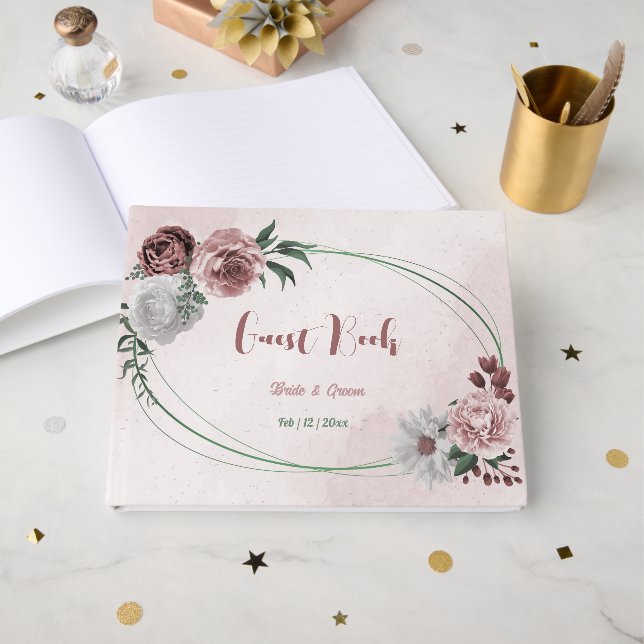 rosa kanel ro, vit blommigt, bröllop gästböcker (Framsida Öppen)