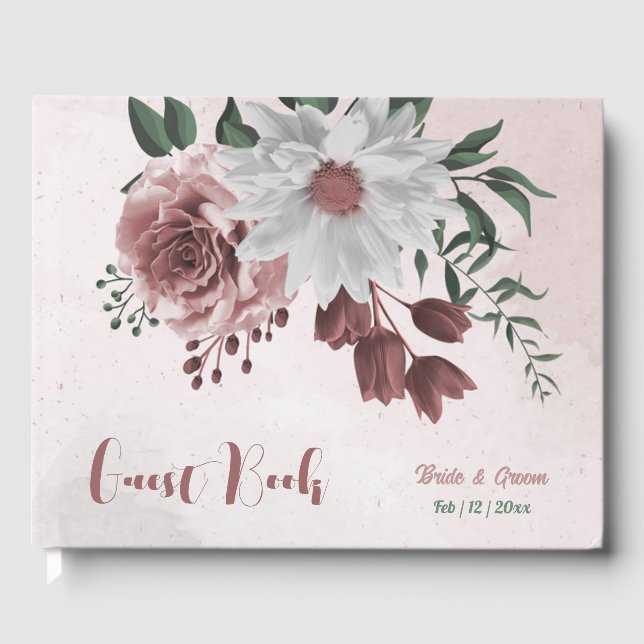 rosa kanel ro, vit blommigt, bröllop gästböcker (Framsida)