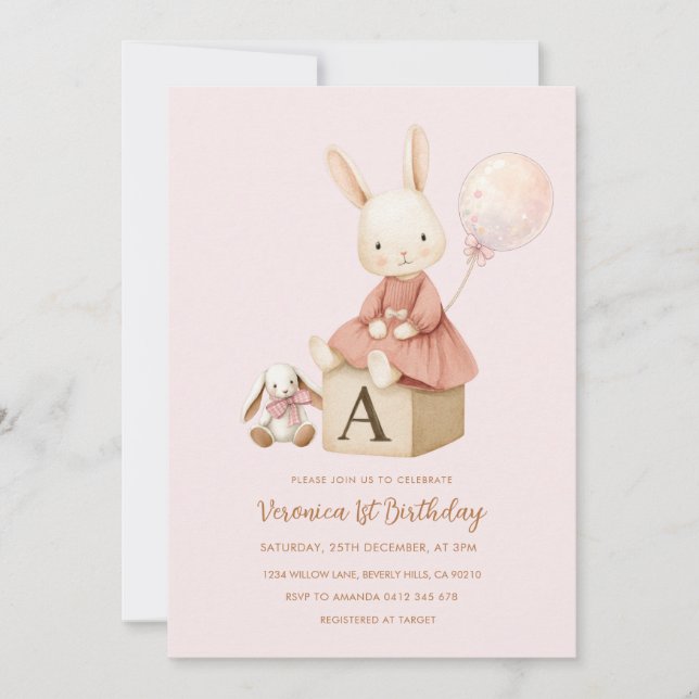 Rosa kanin 1-årsdag inbjudningar (Framsida)