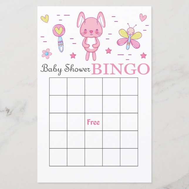 Rosa kanin baby shower bingo-kort (Framsida)