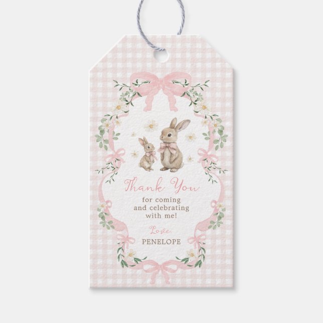 Rosa kanin-babyflicka-babyshower tackkort presentetikett (Framsidan)