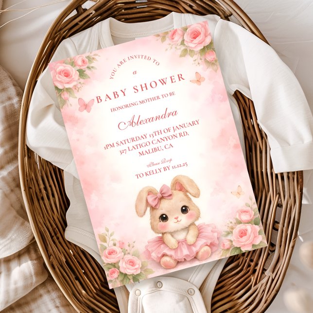 Rosa kanin Blommig Baby Shower Inbjudningar (Skapare uppladdad)