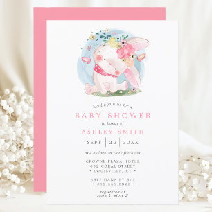 Rosa kanin Blommig Fjäril Vattenfärg Baby Shower Inbjudningar