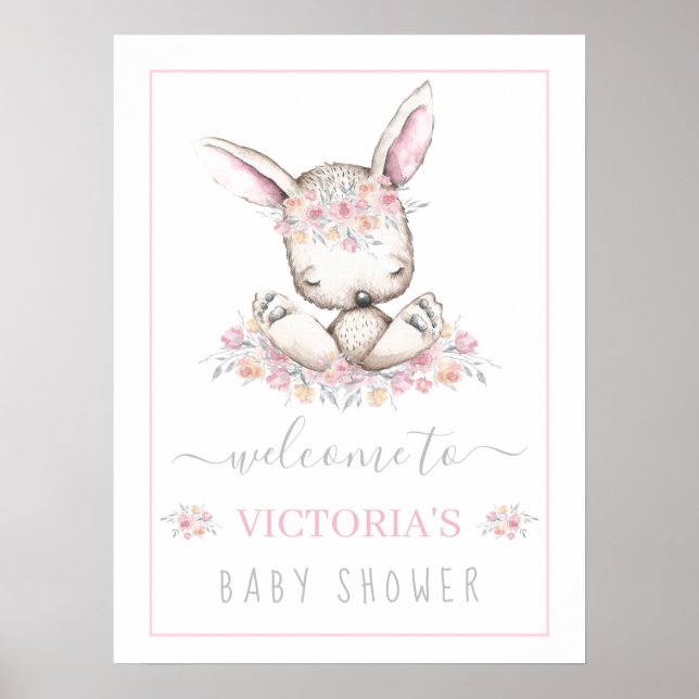 Rosa kanin flicka baby shower välkomstskylt poster (Framsidan)