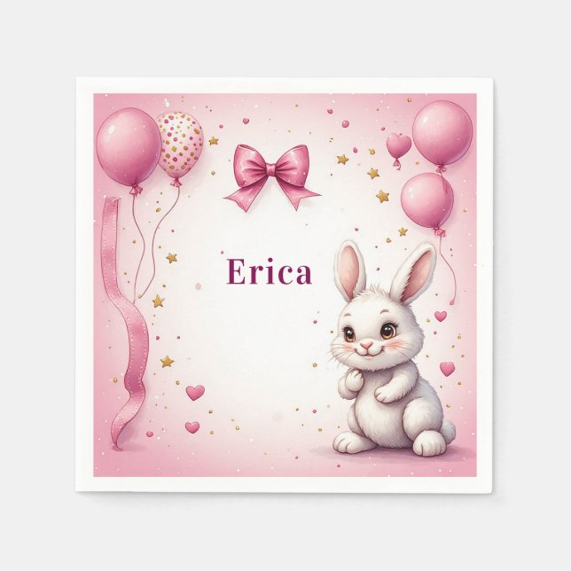 Rosa kanin födelsedagsballong 🐰 pappersservett (Framsidan)