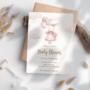 Rosa kanin med ballonger Baby Shower-inbjudan Inbjudningar