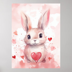 Rosa kanin Pastell Super Söt hjärtan Bruna ögon Poster