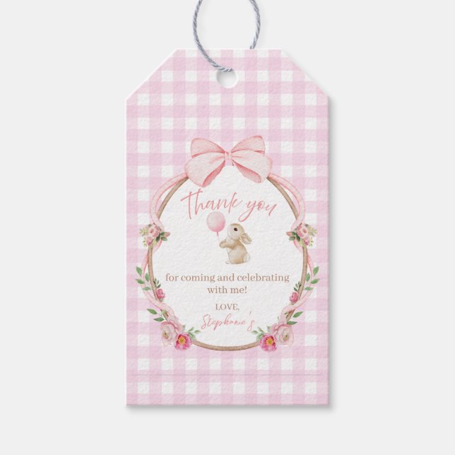 Rosa kaninballong födelsedags tack presentetikett (Framsidan)