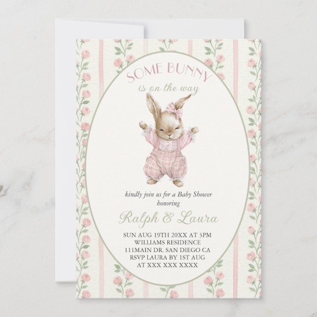 Rosa kanintjej baby shower inbjudningar (Framsida)