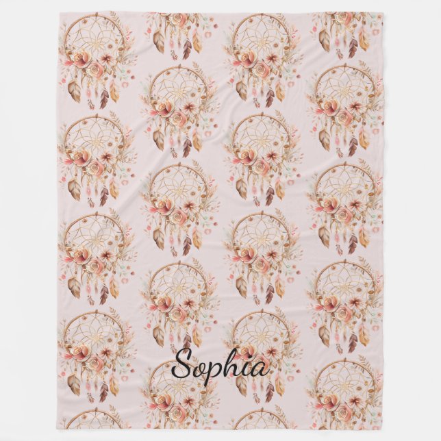 Rosa Kärlek Boho Blommigt Feathers Dream Catcher Fleecefilt (Framsidan)