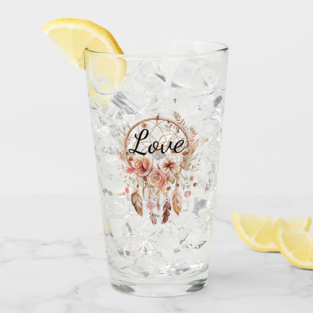 Rosa Kärlek Boho Blommigt Feathers Dream Catcher Glaskopp (Framsida Ice)