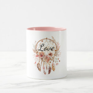 Rosa Kärlek Boho Blommigt Feathers Dream Catcher Mugg
