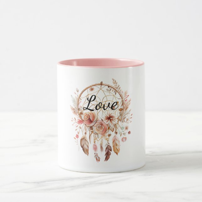 Rosa Kärlek Boho Blommigt Feathers Dream Catcher Mugg (Center)