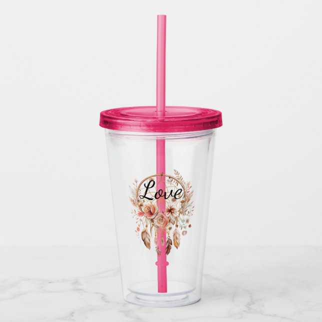 Rosa Kärlek Boho Blommigt Feathers Dream Catcher Take Away Mugg (Framsida)