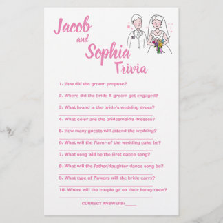 ROSA KÄRLEK, BRIDE & GROOM TRIVIA SHOWER-KORT FLYGBLAD