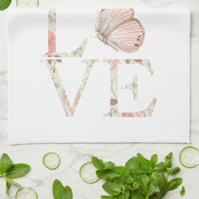 Rosa Kärlek Butterfly Blommigt Kökshandduk (Vikta)