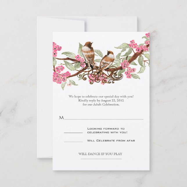 Rosa Kärlek Fågel Bröllop RSVP OSA Kort (Framsida)