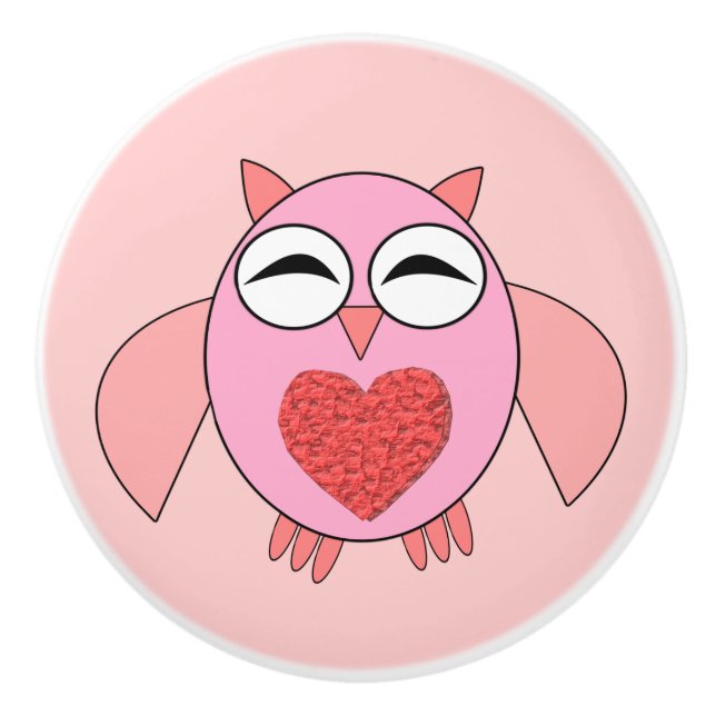 Rosa Kärlek Heart Uggla keramisk knopp (Framsidan)