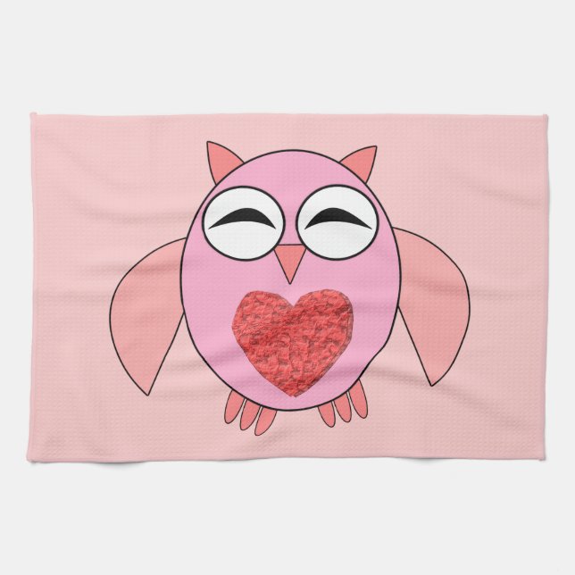 Rosa Kärlek Heart Uggla Kitchen Towel Kökshandduk (Horisontell)