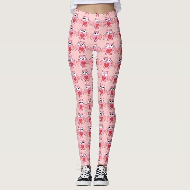 Rosa Kärlek Heart Uggla Leggings (Framsida)