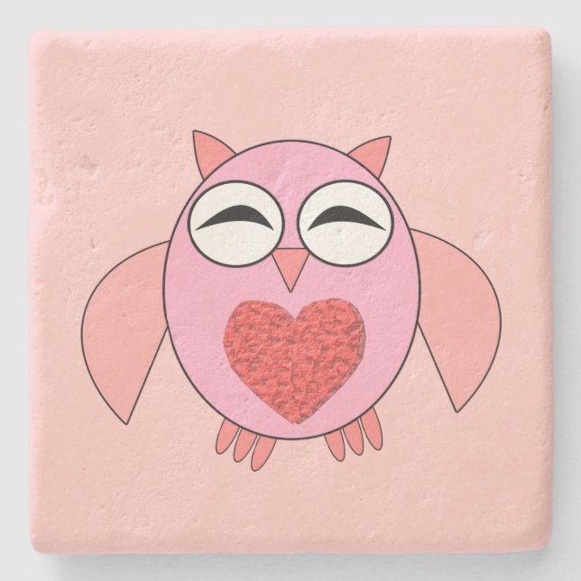 Rosa Kärlek Heart Uggla Stone Underlägg Sten (Framsidan)