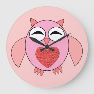 Rosa Kärlek Heart Uggla Wall Clock Stor Klocka