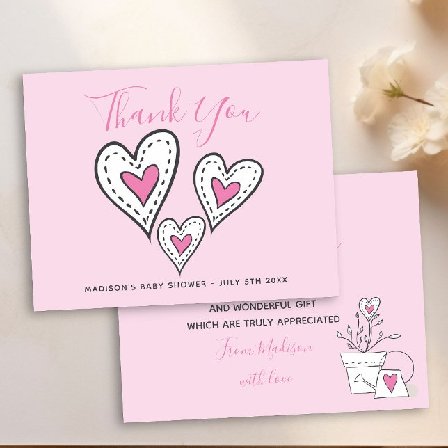 Rosa Kärlek Hearts Poted Plant Baby Shower Tack Kort (Pink thank you card with cute doodled love hearts)