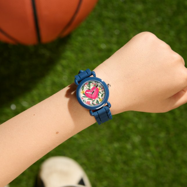 Rosa kärlek hjärta och blommor mönster armbandsur (Handled)