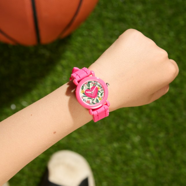 Rosa kärlek hjärta och blommor mönster armbandsur (Handled)