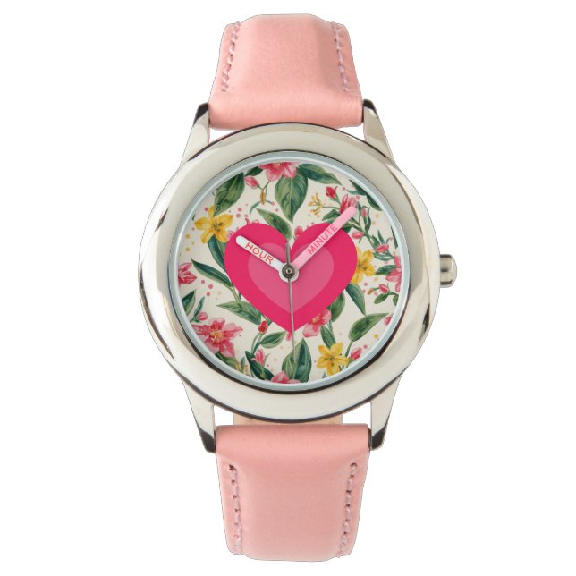 Rosa kärlek hjärta och blommor mönster armbandsur (Framsida)