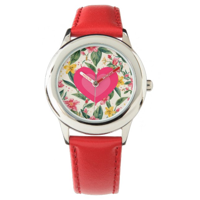 Rosa kärlek hjärta och blommor mönster armbandsur (Framsida)