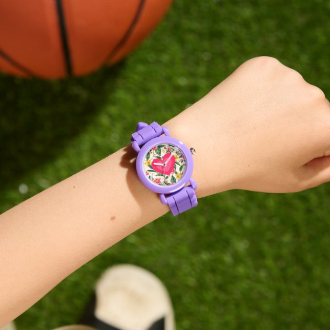 Rosa kärlek hjärta och blommor mönster armbandsur (Handled)