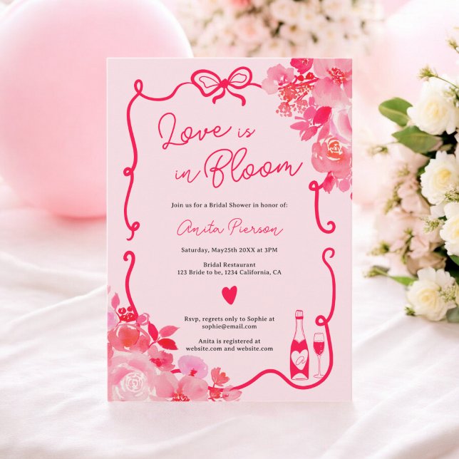 Rosa kärlek i blom lyriska blommönster bröllopskal inbjudningar (Pink love in bloom floral scribbles bridal shower invitation)