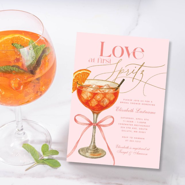 Rosa kärlek vid första spritzen bröllopsfest inbjudningar (Elegant Pink Orange Aperol Spritz Bridal Shower Invitation)