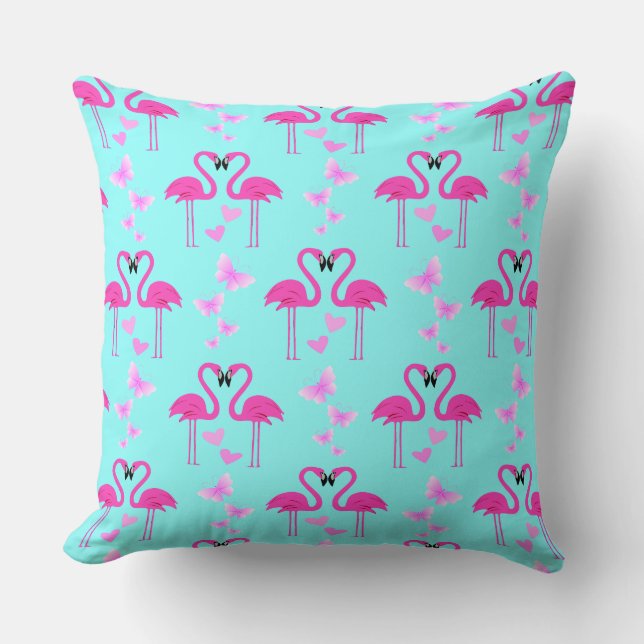 Rosa kärleksflamingos i cyan kudde (Framsida)